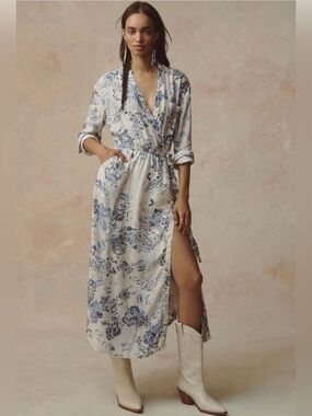 Pilcro V-Neck Wrap Midi Dress | Size S | NWT | Blue Pattern | Anthropologie